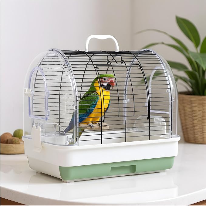 Portable Bird Cage Carrier, Travel Parrot Cage with 2 Perches, 2 Food Bowls and Tray, Metal Parakeet Cages for Small to Medium Sized Birds Cockatiels Lovebirds Canaries Budgies