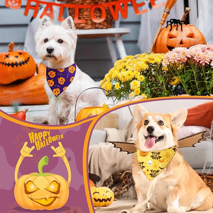 Preboun 200 Pcs Halloween Dog Bandanas Bulk Pumpkin Ghost Bandanas for Dogs Colorful Triangle Kerchief Bibs Scarf Set for Pet Costume Photo Props Accessories Pet Shops Adoption Events, 25 Styles