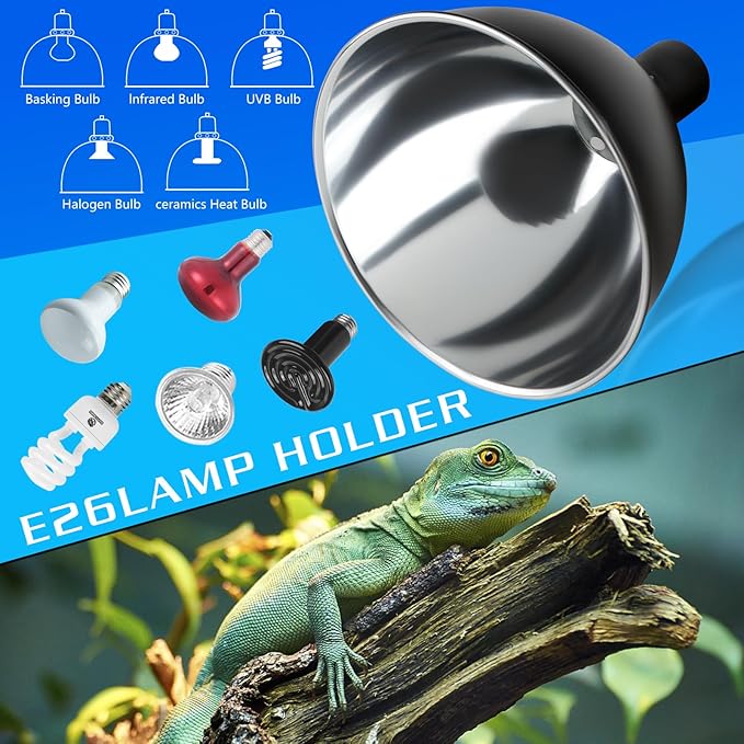 Reptile Light Fixture, 8.5 inch Optical Reflection Dome Heat Lamp Fixture, UVB Heat Basking Lamp Fixture for Amphibian Reptile Terrariums
