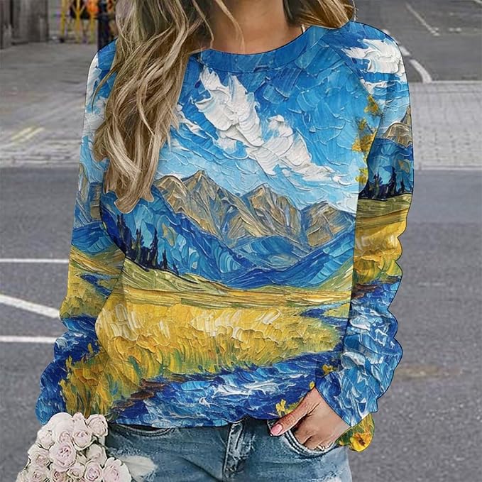 Long Sleeve Shirts for Women Cat Oil Painting Shirt 3D Graphic Sweatshirts Fall Pullover Crewneck Vintage Boho Tops