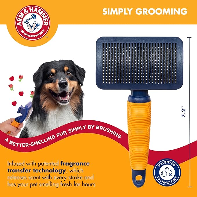 Arm & Hammer “Simply Glam” Dog Grooming Slicker Deodorizing Brush with Fragrance Transfer Technology – Scented Self-cleaning Slicker Brush for Shedding, Scented for Dogs with Sweet Apple & Rose Scent