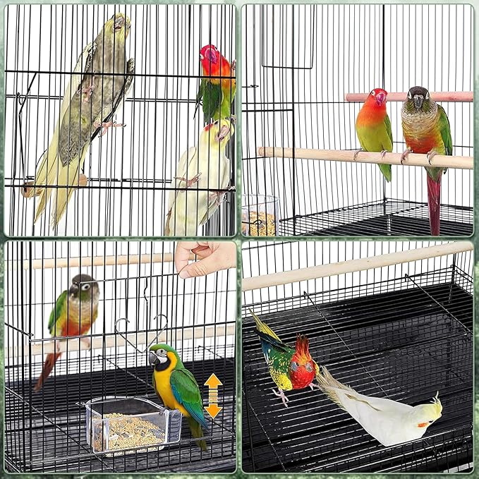 Portable Bird Cage Carrier, Travel Parrot Cage with 2 Perches, 2 Food Bowls and Tray, Metal Parakeet Cages for Small to Medium Sized Birds Cockatiels Lovebirds Canaries Budgies