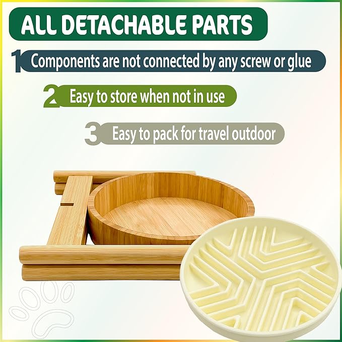 Raised Slow Feeder, Licking Mat/Pad - Suitable for Wet and Dry Dog Foods, Butter and Spreads - 10-inch High with Stand, 8.6-inch, Detachable Parts - Bamboo