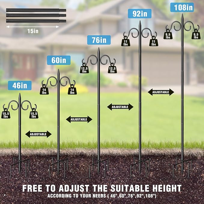 Double Shepherds Hooks for Outdoor, 108 Inch Heavy Duty Bird Feeder Pole with 5 Prongs Base, Adjustable Shepherds Hook for Bird Feeder, Garden, Weddings, Hanging Plant, 1 Pack