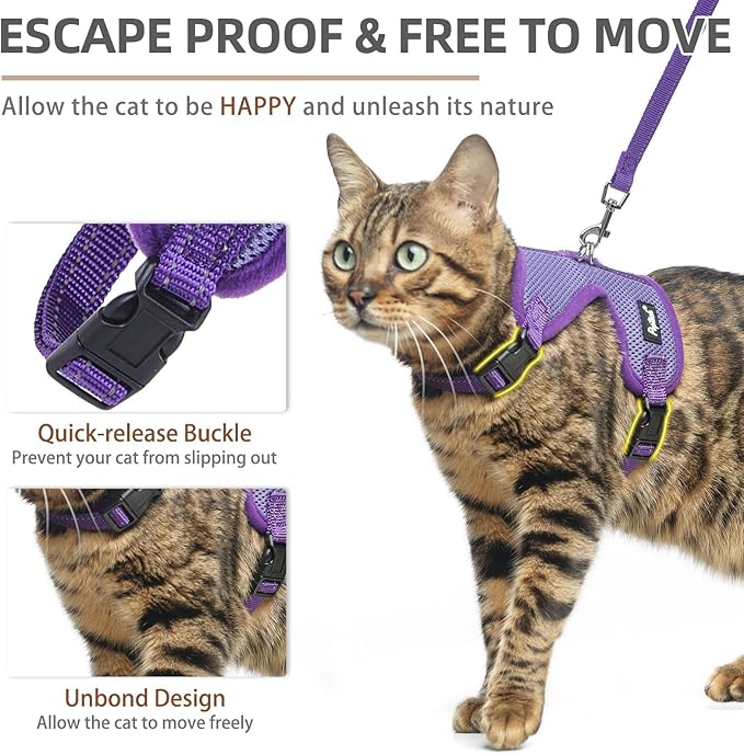 PUPTECK Cat Harness and Leash Set Escape Proof, Reflective Adjustable Soft Mesh Kitten Vest Harness for Walking Travel, Purple, S