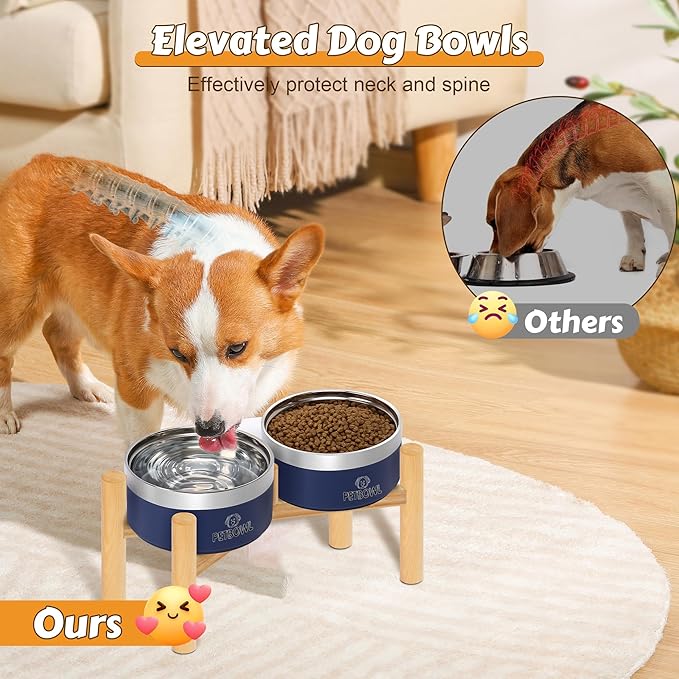 UPSKY Elevated Dog Bowls – 27oz Stainless Steel Anti-Spill Set with Wooden Stand, Double Raised Bowls for Small/Medium Dogs to Reduce Neck Strain & Improve Digestion