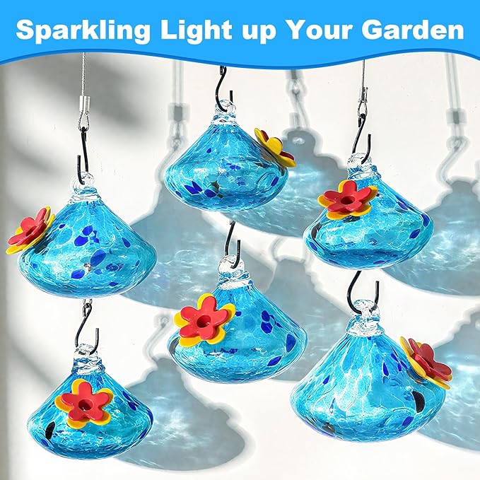 Wind Chime Glass Hummingbird Feeder - 20 Oz Outdoor Hanging Feeder with 6 Ports, Attract More Hummingbirds, Leak-Proof Design, Unique Garden Backyard Decor & Ideal Gift (Blue)