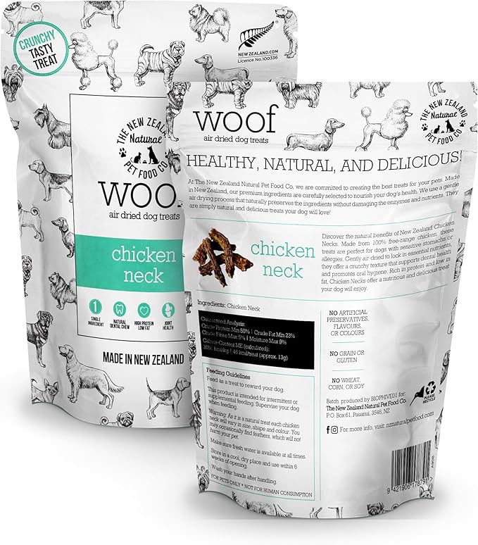 The New Zealand Natural Pet Food Co. - Air Dried WOOF Chicken Neck Treat - Mixer, or Topper - Air Dried, High Protein,Natural, Single Ingredient - 1.76oz