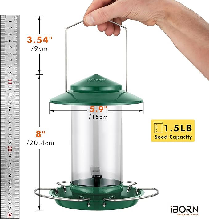 iBorn Bird Feeder Metal Squirrel Chew-Proof Bird Feeders for Outdoors Hanging for Cardinal Outside, Holds 1.5LB Seed with 3 Perchs, Green (Seed is not Included)