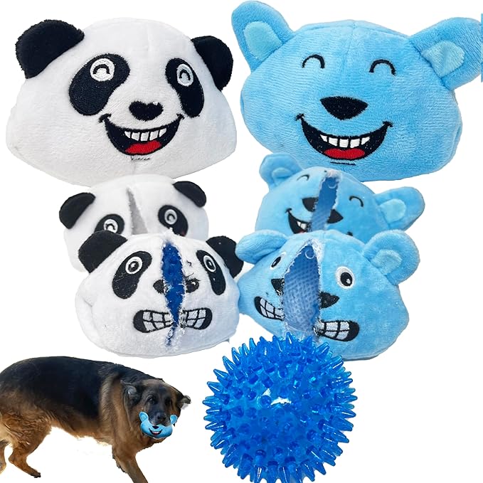 Jalousie Dog Squeaky Toys Value Set Non-Toxic Squeaky Balls Toss Fetch TPR Rubber Puppy Toys Spikey Dog Chew Toy for Small Medium Breed Pet Toys for Puppy (Panda N' Rabbit)