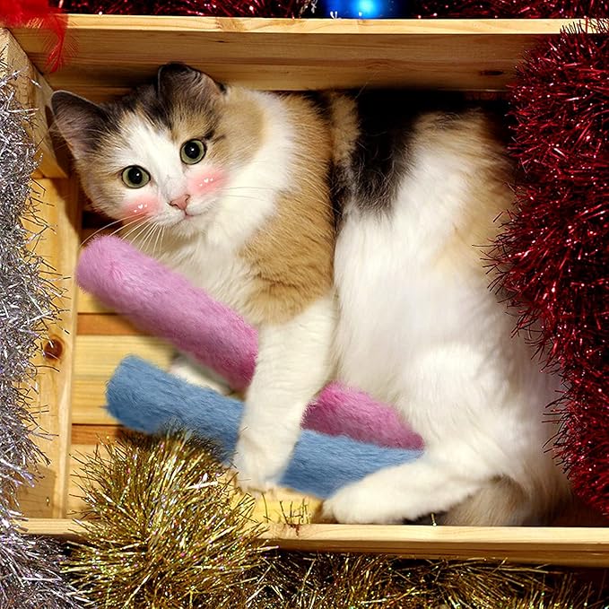 MEWTOGO 6Pcs Cat Kicker Toys with Sound Paper- Kitty Kick Sticks Soft Plush Cat Chew Toy to Squeak- Durable Kick Toy for Indoor Cats Gift Playing(11.8" x 1.6")