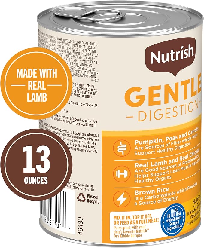 Nutrish Gentle Digestion Real Lamb, Pumpkin & Chicken Recipe Chunks in Gravy Wet Dog Food, 13 oz. Can, 12 Count (Rachael Ray)
