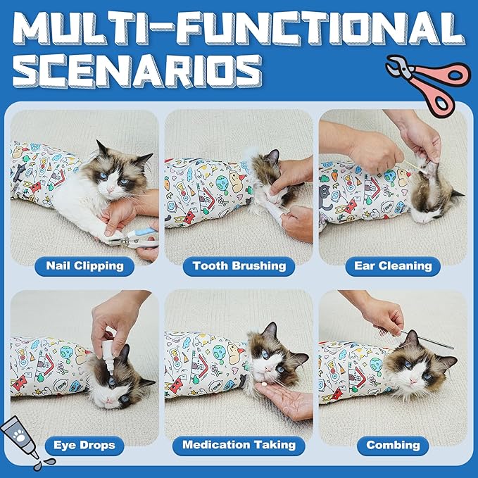 Supet Cat Grooming Wrap for Cutting Nails, 2025 Self-Adherent Cat Wrap, Anti-Escape Calming Cat Swaddle Wrap for Medicine, Nail Clipping, Teeth Brushing, Ear Cleaning (Cartoon, L)