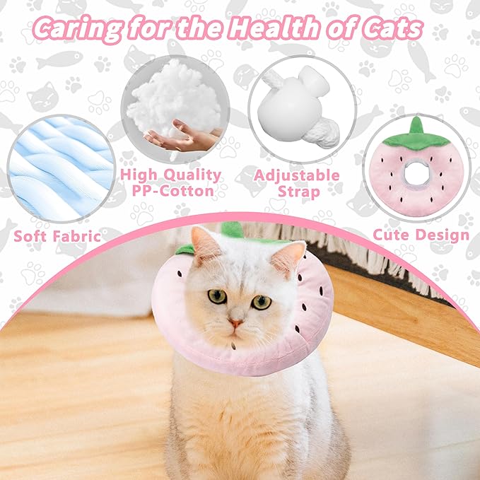 Soft Cat Cone Collar, Cute Cat Recovery Collar Suitable for Small, Medium, Large Cats,Elizabethan Neck Collar for Cats After Surgery (Strawberry, Medium)