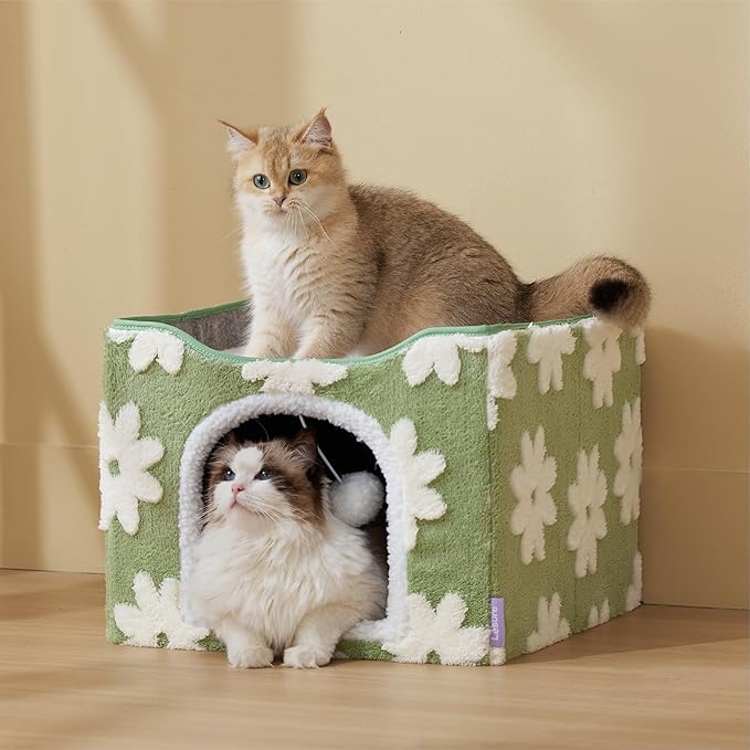 Lesure Indoor Cat Beds Kitten House - Large Cat Cave for Pet Cube with Fluffy Ball Hanging, Foldable Small Animal Hideaway, 16.5x16.5x13 inches, Flower Garden Green