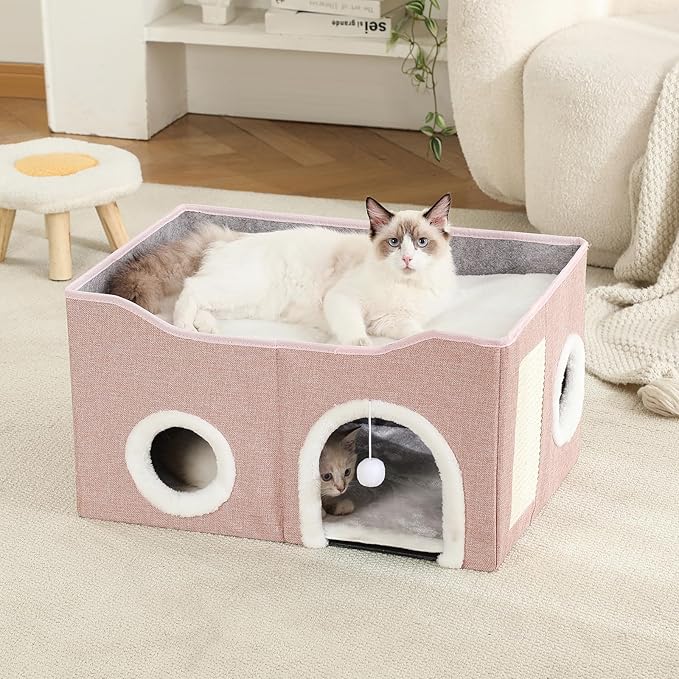 Large Cat Bed for Indoor Cats, Extra Wide Cat Cave House with Scratch Pad and Fluffy Ball, Foldable Cat Hideaway for Kitten Bed, Cat Condo for Cats (Pink, X-Large)