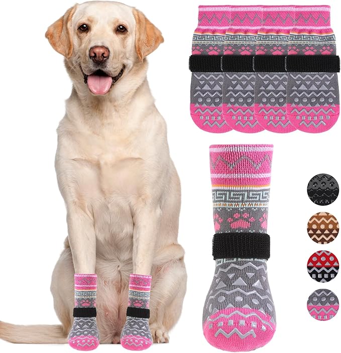 KOOLTAIL Dog Socks to Prevent Licking Paws for Hardwood Floors Anti Slip, Winter Warm Pet Boots&Paw Protector with Grippers, Double Sides Dog Shoes Booties for Small Medium Large Senior Dogs Pink L