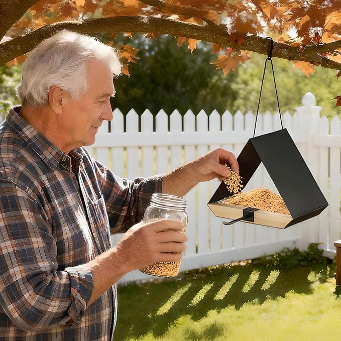 HOSUN Black Sturdy Metal Roof Bird Feeder - Durable Outdoor Hanging, Easy to Clean, Metal Mesh Ventilated, Bird Watching Gift & Garden Decor for Cardinals, Bluebirds & Wild Birds