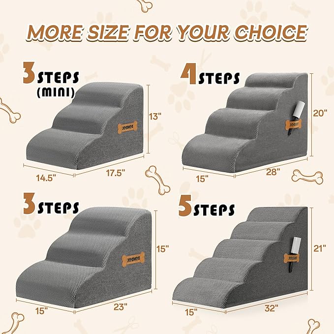 Dog Stairs, Romrol Dog Steps Ramp for High Bed and Couch, Dogs Ramp with Durable Non-Slip Waterproof Fabric Cover, Pet Stairs for Small Dogs and Cats or Pets Joints, 4-Tiers,Grey