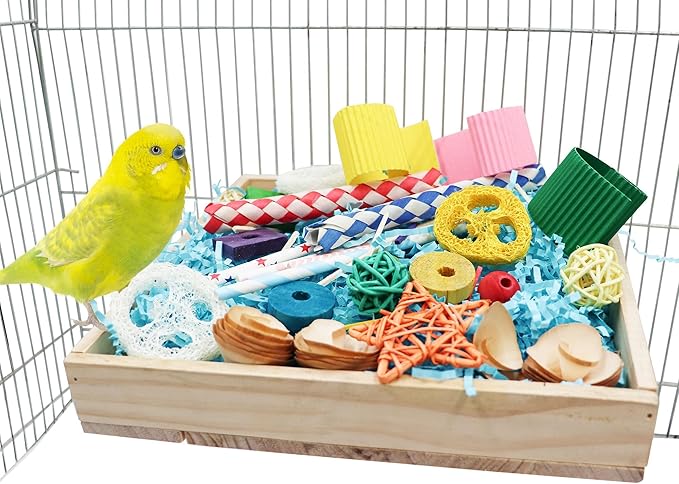 Bird Foraging Toys Box, Wooden Parrot Shredding Toys Box, Bird Chewing Toys, Birdcage Accessories, Suitable for Small Birds Parakeets Cockatiels Love Birds Conures
