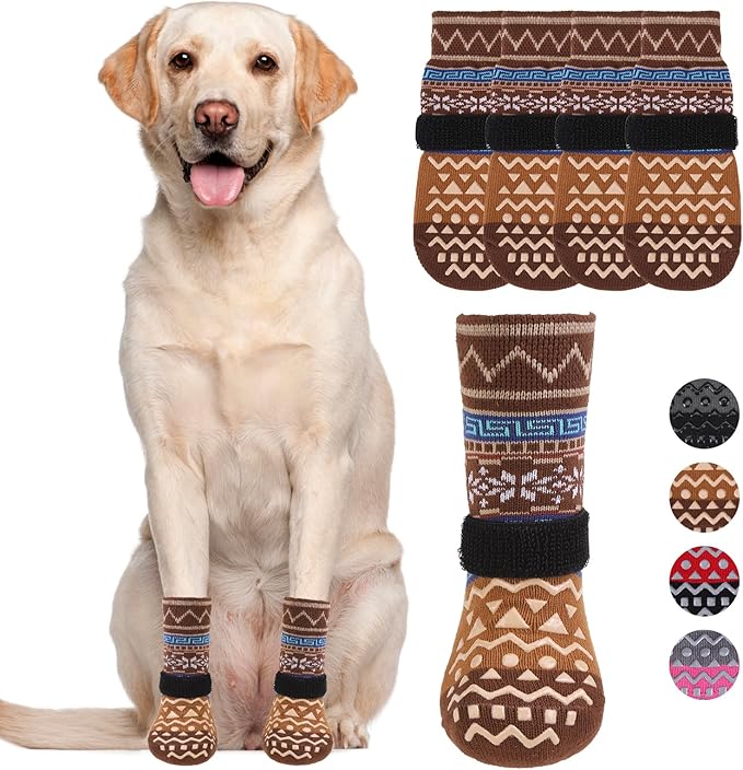 KOOLTAIL Dog Socks to Prevent Licking Paws for Hardwood Floors Anti Slip, Winter Warm Pet Boots&Paw Protector with Grippers, Double Sides Dog Shoes Booties for Small Medium Large Senior Dogs Khaki L