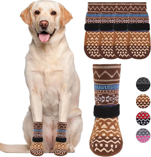 KOOLTAIL Dog Socks to Prevent Licking Paws for Hardwood Floors Anti Slip, Winter Warm Pet Boots&Paw Protector with Grippers, Double Sides Dog Shoes Booties for Small Medium Large Senior Dogs Khaki L