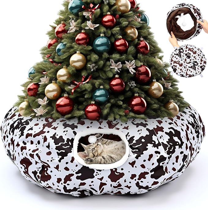 Cat Tunnel Bed Under Christmas Tree 36'' Kitten Circle Donut Tunnel Skirt with Ball Mat Decorative Xmas Folding Home Kitty Guard Tube Holiday Party Indoor Pet (Brown Black White,Cowhide)