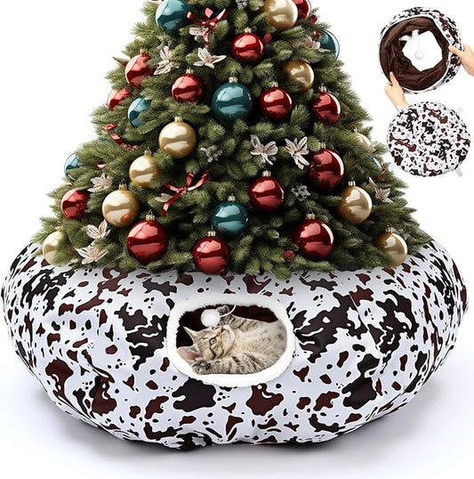 Cat Tunnel Bed Under Christmas Tree 36'' Kitten Circle Donut Tunnel Skirt with Ball Mat Decorative Xmas Folding Home Kitty Guard Tube Holiday Party Indoor Pet (Brown Black White,Cowhide)