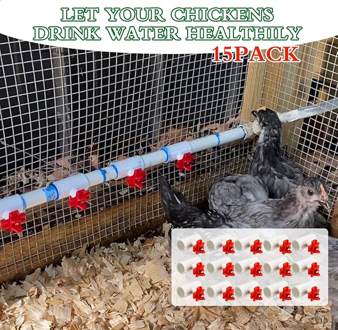 15 Pack Chicken Nipples Waterer with 1/2'' PVC Tee Fittings,DIY Automatic Chicken Waterer System, Horizontal Side Mount Poultry Water Nipple Waterer Drinker and for Poultry Ducks Quail and Other