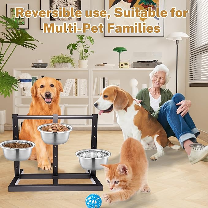 Elevated Dog Bowls Stand Large Breed Metal Raised Dog Bowls Small/Medium/Large Sized, Feeding Station with 5 Heights Adjustable,3 Food Water Bowl Feet with Non-Slip Feet
