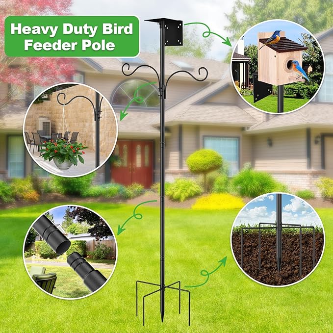 94 Inch Bird Feeder Stand, Heavy Duty Bird House Pole With Shepherds Hooks, Adjustable Mount Kit for Garden, Wild Birds Watching, Water Feeder