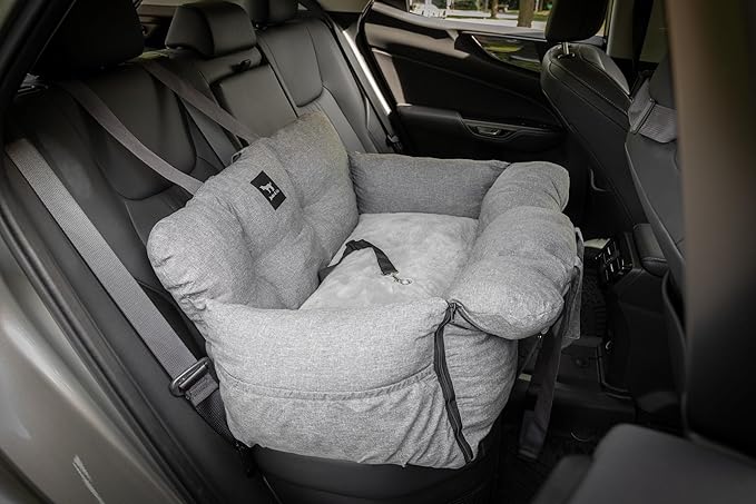 JACKO & CO - Premium Dog Car Seat v2 Booster Seat for Small & Medium Pets Under 40lbs - Machine Washable w Removable Covers, Water Resistant w Clip-On Leash for Back Seat Use (Grey/Medium (25-40lbs)