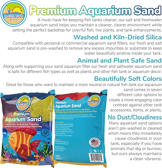 CLASSIC SAND & PLAY Natural Aquarium Sand for Freshwater and Saltwater Tanks, 20 lb. Bag, Improves Filter Life and Filtration Process, Pre-Washed Fine Sand, Rainbow