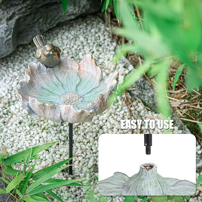 MUMTOP Outdoor Antique Bird Bath Small Flower Bird Baths Bowl Resin Birdbaths for The Garden with Metal Stake