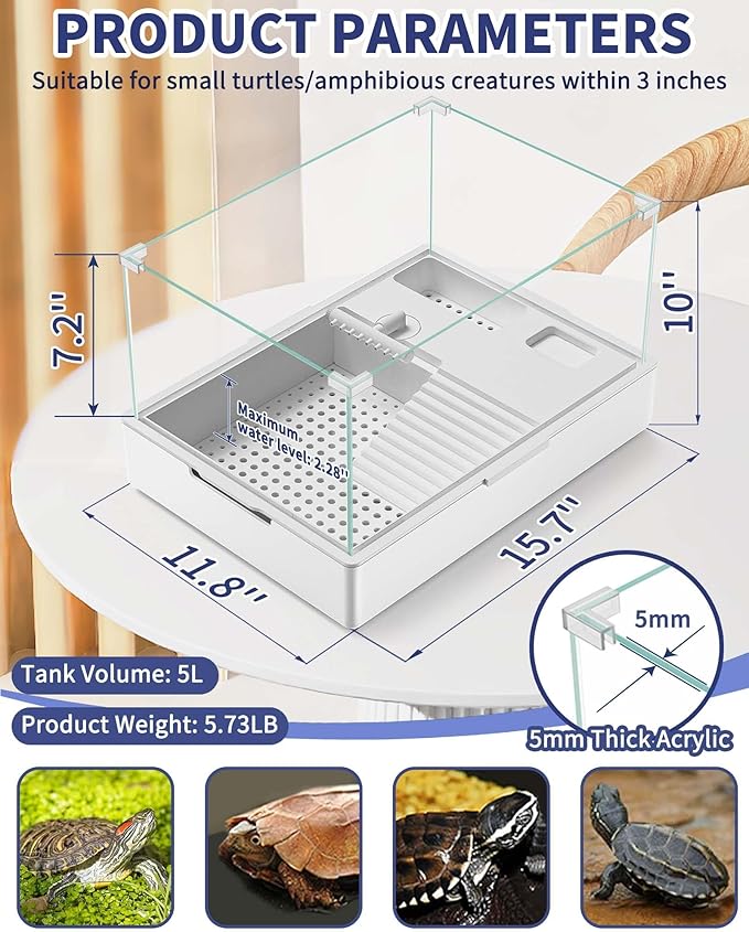 Large Turtle Tank Kit(Tank + Water Pump), Acrylic Turtle Tank Starter Kit with Two Rain Shower Head, Adjustable Water Pump, Higher Fences (S)