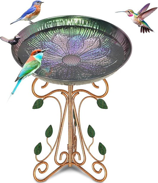 Vintage Metal Bird Bath for Outside, 13" Dia Birdbaths Bowl with Cast Iron Pedestal, Large Antique Bird Feeder with Folding Bracket for Outdoors Garden Patio Yard Decor (Purple Lotus)
