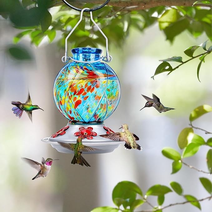 Hummingbird Feeder, BOLITE Glass Hummingbird Feeders for Outdoors Hanging, Hand Blown, with Ant Moat and Five Feeding Ports, Meshy Texture Ball Shape Bottle, 20 Ounces, Blue, Gifts for Women Men