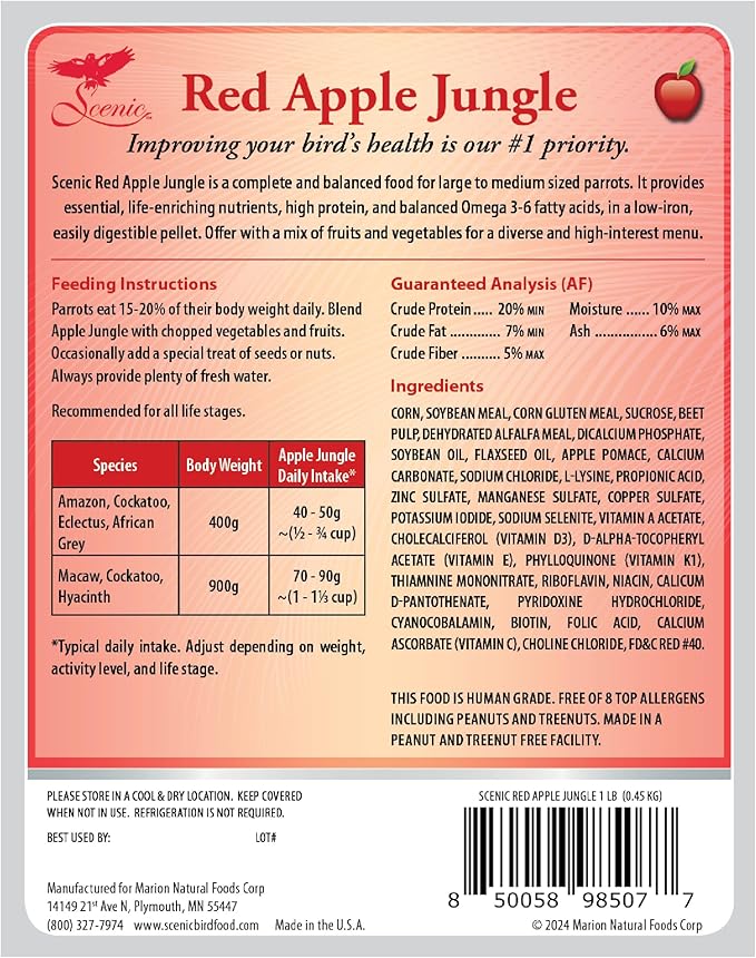 Scenic Apple Jungle Premium Parrot Food - Apple, Natural Flavors, High Protein, Low Iron Bird Pellets for Large Parrots, Macaw Food, Cockatoo & African Grey Parrots, Omega 3, Vitamins, Minerals, 1 LB