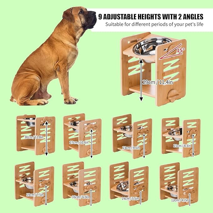 Elevated Dog Bowls, 9 Heights Adjustable Raised Dog Bowl 4.7″-11.8″, with Food Grade 304 Stainless Steel 51 OZ, Bamboo Dog Bowl Stand for Medium and Large Dogs, 1 Pack