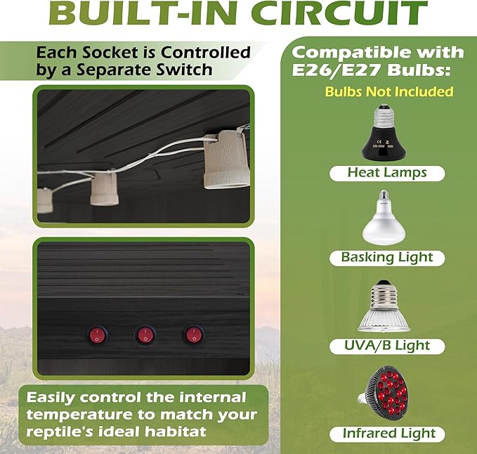 Royxen Tempered Glass Bearded Dragon Tank,65 Gallons Reptile Tank with Leg Stand,Built-in Lighting Reptile Enclosure Scartch-Proof Bearded Dragon Encloure for Chameleon,Snake(Black,40"x 20"x 20")