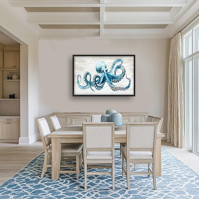 Octopus Large Wall Art Ocean Sea Nautical Pictures Rustic Blue Octopus Animal Wall Decor Canvas Print Painting Artwork for Bathroom Living Room Bedroom 36L" x 24W"