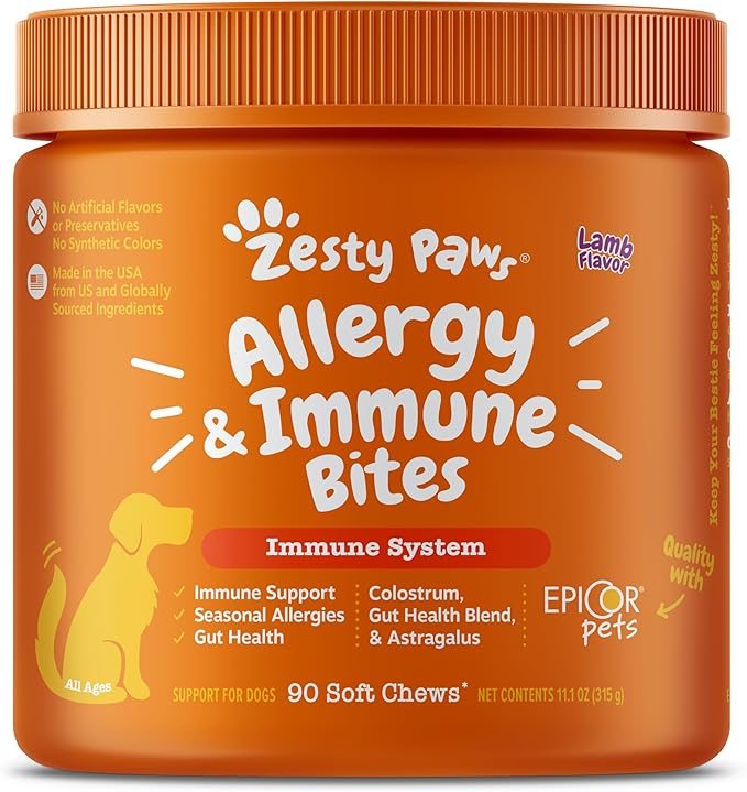 Zesty Paws Dog Allergy Relief- Dog Itching Skin Relief- Dog Probiotics for Itchy Skin and Itchy Ears- Dog Allergy Paw Relief- Dog Allergy Chews- Dog Itch Relief - Dog Skin Allergy Relief - Lamb - 90ct