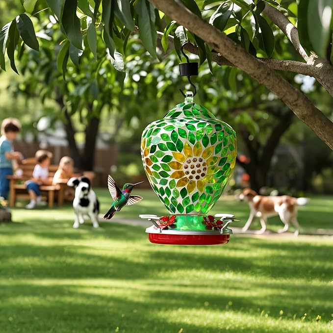 VOREEN Glass Mosaic Hummingbird Feeders, 34OZ with Ant Moat & 4 Feeding Ports, Hand Blown Glass Outdoor Hanging Bird Feeder, Porch Garden Backyard Decor, Gift for Mom Wife Friend, Sunflower Design