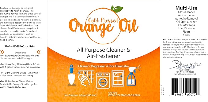 Premium Cold Pressed Orange Oil Concentrate- 32 oz (with D-Limonene), Concentrated Cold Pressed Orange Oil Blend - All-Purpose Citrus Cleaner and Degreaser Blend