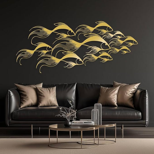School of Fish Metal Wall Art, Metal Fish Wall Decor, Sea Life Wall Art, Large Nautical Wall Hanging, Modern Beach House Wall Decor, Ocean Themed Artwork for Bathroom (Gold, 30"x12" | 76x32cm)