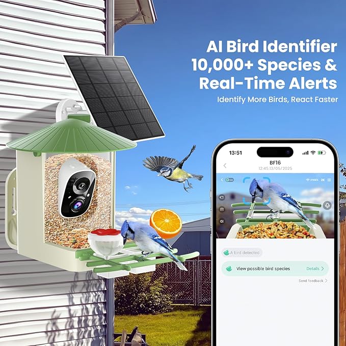SOLIOM Smart Bird Feeder with Camera with Solar Panel - 2K HD Live View, AI Bird Identifier, Birds Arrival Alerts, DIY Birdseed Add-on, 2.4G WiFi- Wireless Outdoor Gift for Birdlovers