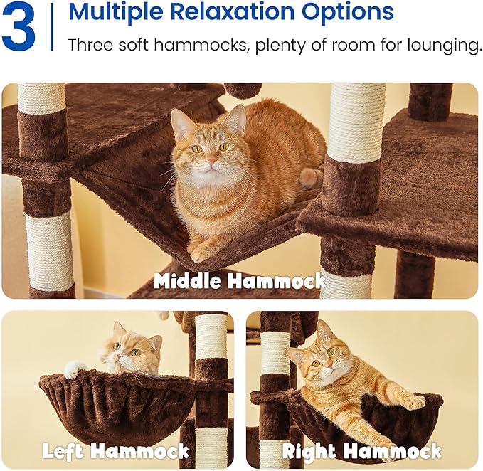 MWPO Extra Large Cat Tree, 77.6-Inch Tall Cat Tower for Indoor Cats with 2 Condos, Multi-Level Cat Stand for Large Cats, 3 Hammocks, Wide Perch, Scratching Posts, Dangling Toys, Brown