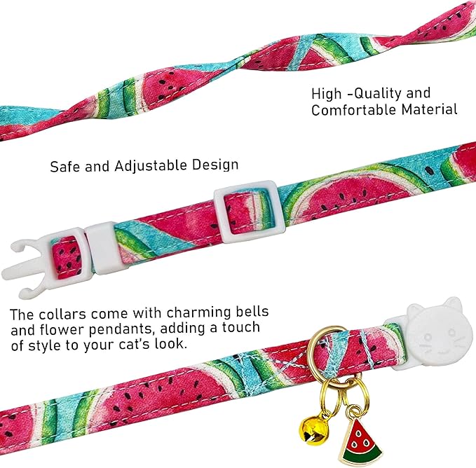 2 Pack Cotton Breakaway Cat Collars Set with Bell and Flower Pendant, Cute Floral Fruit Patterned, Adjustable 7.5-11Inch, Include A Mouse Toy Gift (Watermelon Blueberry)