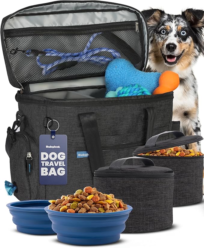 The Original Doggy Bag™- Dog Travel Bag for Supplies - Ultimate Gift for Dog Moms & Dads, Doggy Lovers & Pet Owners for Christmas- Includes 2 BPA-Free Travel Bowls and 2 Food Containers: Charcoal
