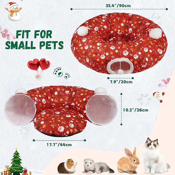 Cat Tunnel Christmas Tree Skirt Cat Tunnel Bed for Indoor Cats Play Donut Tunnel Toys S Shape for Rabbit Ferret (Red)
